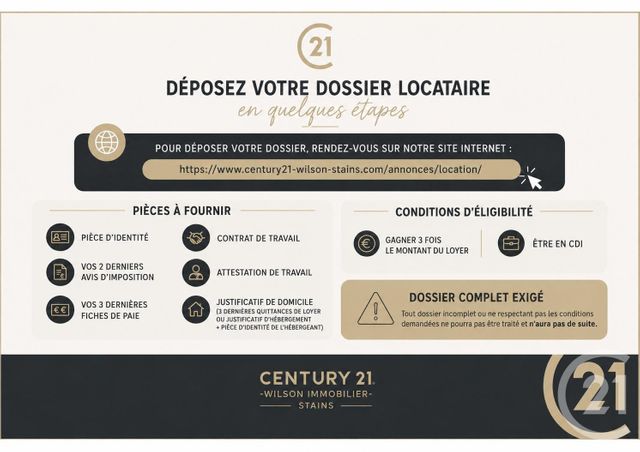 Appartement F2 à louer - 2 pièces - 47.41 m2 - STAINS - 93 - ILE-DE-FRANCE - Century 21 Wilson Immobilier